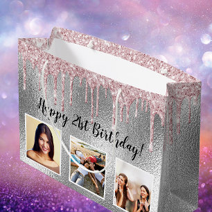 Birthday silber pink Glitzer Tropfen Custom Foto Große Geschenktüte