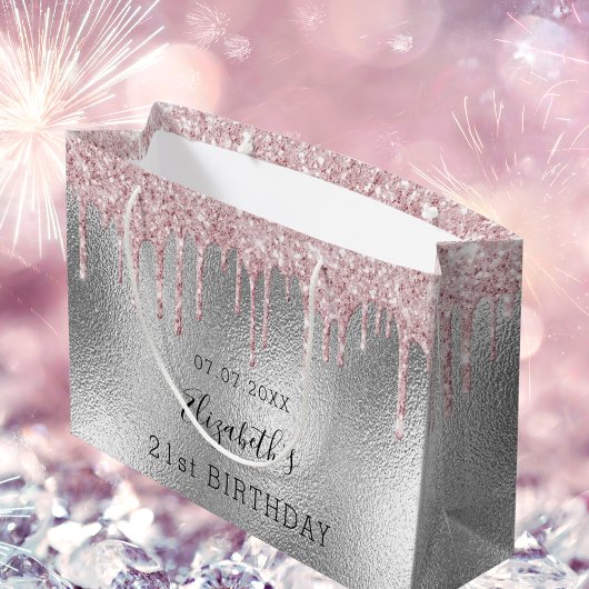 Birthday silber pink Glitzer Tropfen Name Große Geschenktüte
