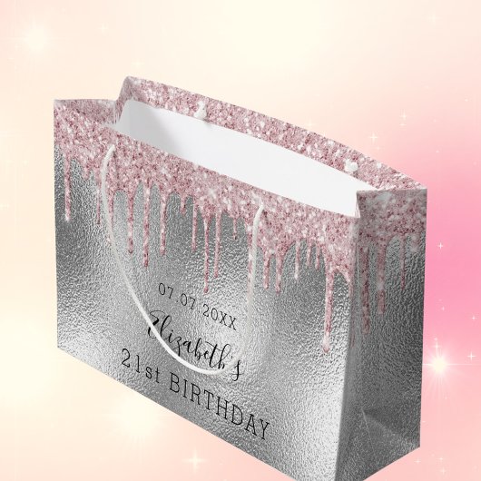 Birthday silber pink Glitzer Tropfen Name Große Geschenktüte