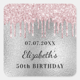 Birthday silber pink Glitzer Tropfen Name Quadratischer Aufkleber