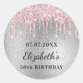 Birthday silber pink Glitzer Tropfen Name Runder Aufkleber (Vorderseite)