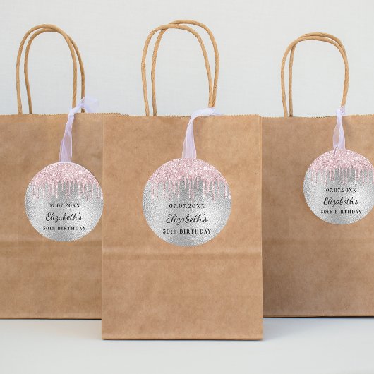 Birthday silber pink Glitzer Tropfen Name Runder Aufkleber