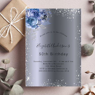 Birthday silberblauen Blumen Glitzer elegant Einladung