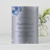 Birthday silberblauen Blumen Glitzer elegant Einladung (Stehend Vorderseite)