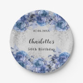 Birthday silberblauen Blumen Pappteller (Vorderseite)