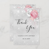 Birthday silberne Glitzer Rosa Florieren Dankeskarte (Vorne/Hinten)