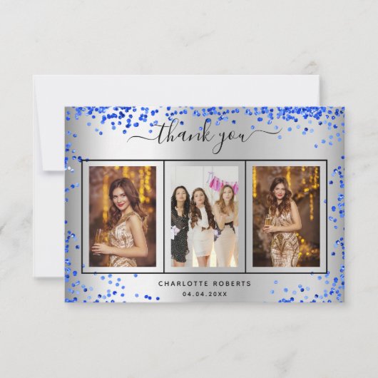 Birthday silberne königsblaue Glitzern Foto Dankeskarte (Vorderseite)