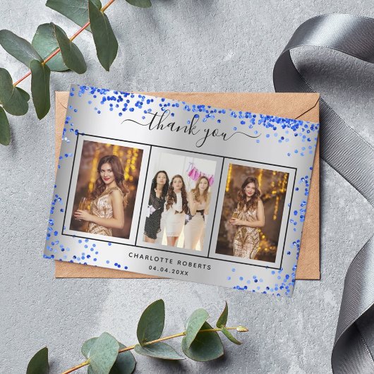 Birthday silberne königsblaue Glitzern Foto Dankeskarte