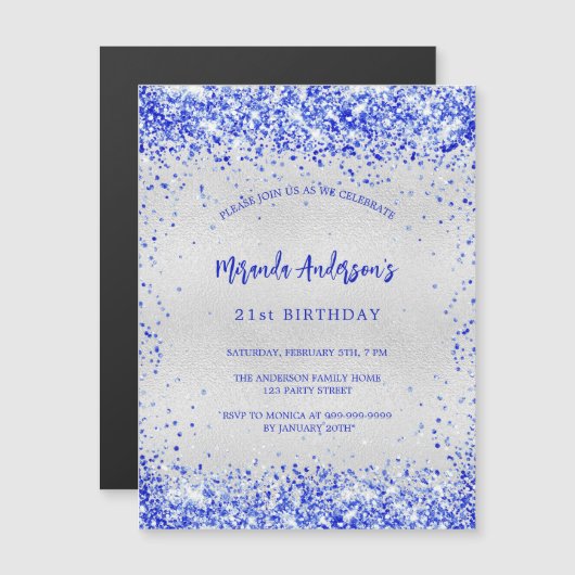 Birthday silberne königsblaue Glitzern Luxus Magneteinladung (Vorne/Hinten)