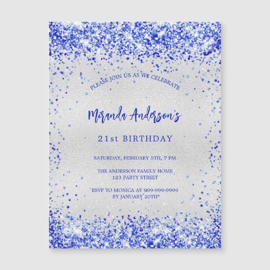 Birthday silberne königsblaue Glitzern Luxus Magneteinladung (Vorderseite)
