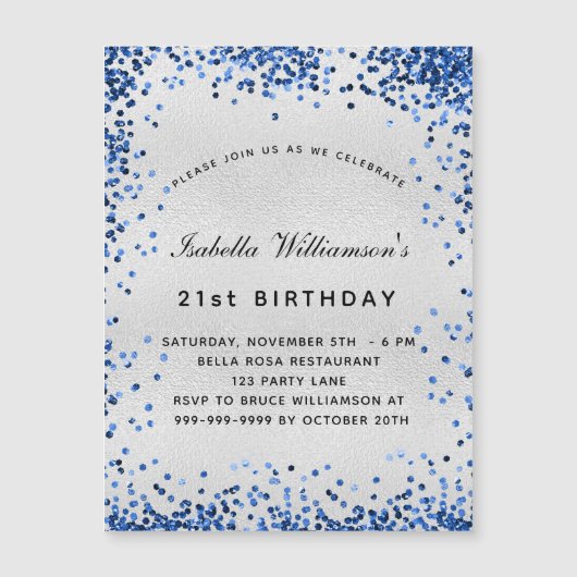 Birthday silberne Marine blauen Glitzer Luxus Magneteinladung (Vorderseite)