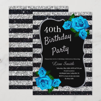 Birthday Silver Black Stripes Glitzer Blau Rose Einladung