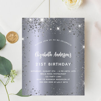 Birthday Silver Glitzer Glaver Budget Einladung Flyer