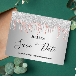 Birthday silver rose gold glitter save the date postkarte