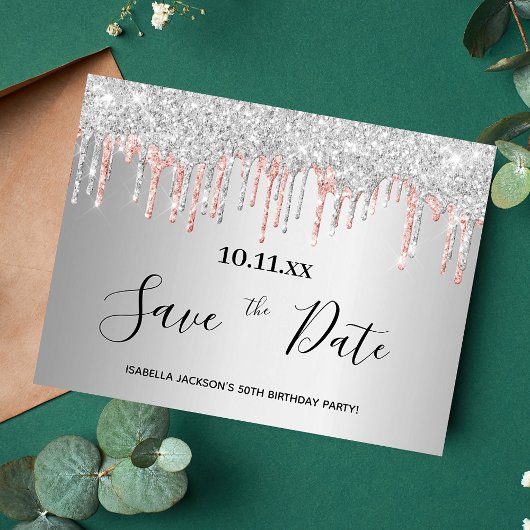 Birthday silver rose gold glitter save the date postkarte