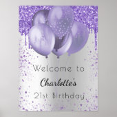 Birthday silver violet glitter welcome balloons poster (Vorne)