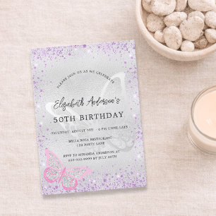 Birthday silver violet pink butterfly sparkles einladung