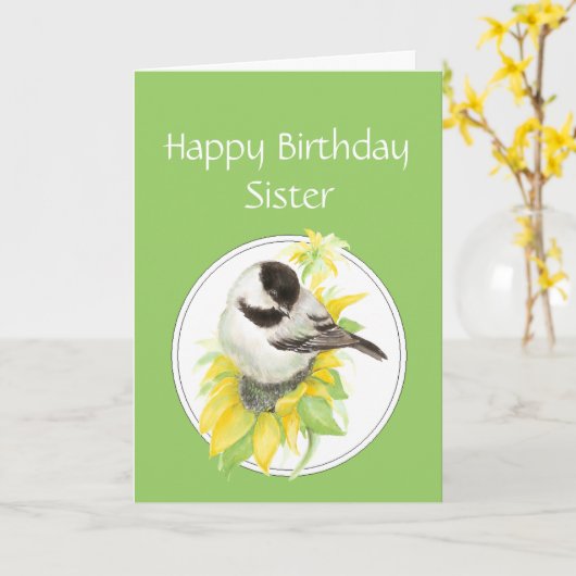 Birthday Sister Chickadee Sunflower Bird Karte (Gelbe Blume)