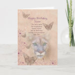 Birthday, Sister, Cougar and Butterflies Karte<br><div class="desc">The steady green eyes of a cougar stares out of a background of muted peach and pink. Butterflies and flowers decorate the edge of the image. With the main parts of the image faded into the background, the overall appearance is soft and dreamy which is in contrast to the fierceness...</div>