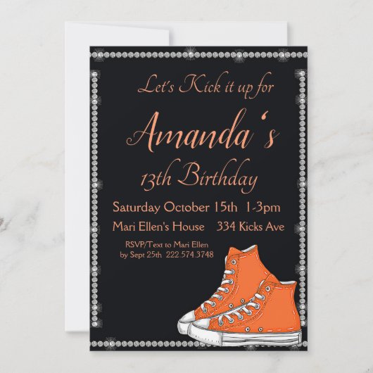 Birthday Sneaker, Orangefarbene Sneakers, Diamante Einladung (Vorderseite)