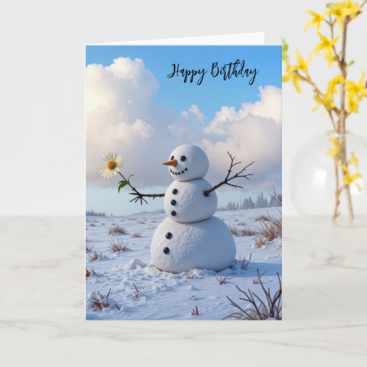 Birthday Snowman Holding a White Daisy Karte (Gelbe Blume)
