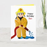 Birthday Son Feuerwehrmann mit Wasserschlauchkarte Karte<br><div class="desc">Spaß,  hell und so niedlich ist dieser kleine Feuerwehrmann in vollem Gang.  Sehen Sie andere Kategorien wie Einladungen,  Tasse,  T - Shirt kommen bald.</div>