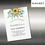Birthday Sonnenblume Eukalyptusgrün Magneteinladung<br><div class="desc">Für eine 40. Geburtstagsfeier (oder jedes Alter). Weiße,  mit Aquarellblumen geschmückte Dekoration,  Eukalyptusgrün. Personalisieren Sie Ihren Namen und Ihre Party-Daten und fügen Sie diese hinzu.</div>