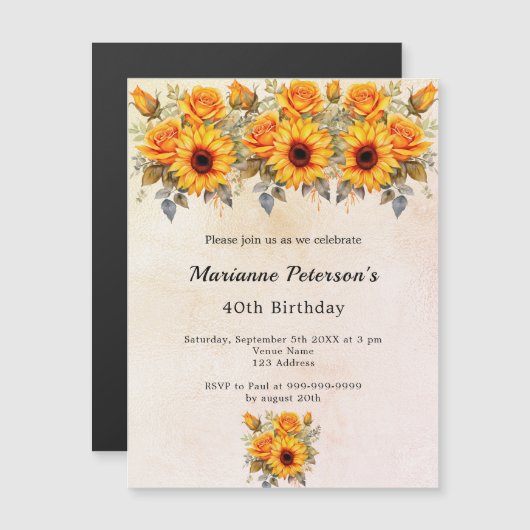 Birthday Sonnenblumen grün rustikal gelb Magneteinladung (Vorne/Hinten)