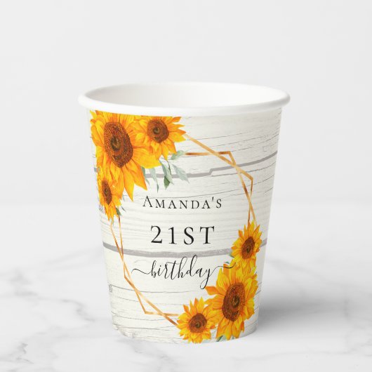 Birthday Sonnenblumen rustikale Holz weißen Namen Pappbecher (Vorderseite)