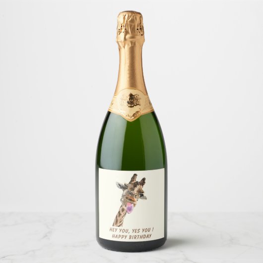 Birthday Sparkling Wine Label Funny Giraffe Schaumweinetikett (Vorderseite)