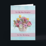 Birthday, Step Daughter, Colorful Flowers in a Bas Karte<br><div class="desc">A basket of colorful flowers including red and yellow roses, daisies, carnations, and green fern make a very nice soft floral image for this birthday card for a Step Daughter. A pink ribbon is tied on the basket. Two pink banners provide the background for the text. The inside verse is...</div>