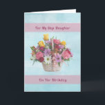 Birthday, Step Daughter, Colorful Flowers in a Bas Karte<br><div class="desc">A basket of colorful flowers including red and yellow roses, daisies, carnations, and green fern make a very nice soft floral image for this birthday card for a Step Daughter. A pink ribbon is tied on the basket. Two pink banners provide the background for the text. The inside verse is...</div>