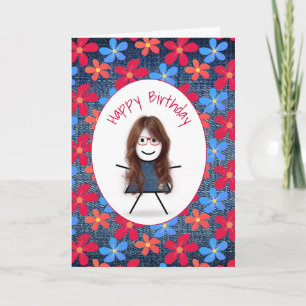 Birthday-Stick-Figur und Gänseblümchen auf Jeansst Karte