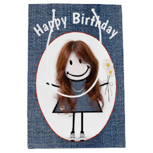 Birthday Strichmännchen Girl on Denim Mittlere Geschenktüte