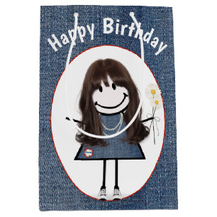 Birthday Strichmännchen Girl on Denim Mittlere Geschenktüte