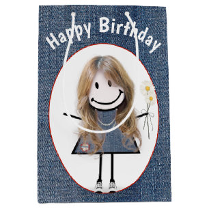 Birthday Strichmännchen Girl on Denim Mittlere Geschenktüte