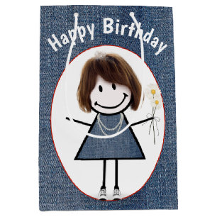 Birthday Strichmännchen Girl on Denim Mittlere Geschenktüte