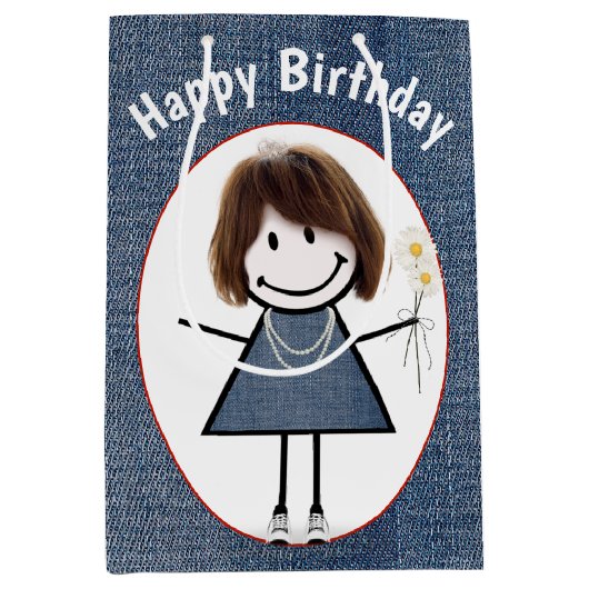 Birthday Strichmännchen Girl on Denim Mittlere Geschenktüte (Vorderseite)