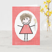Birthday Strichmännchen Girl on Red Gingham Karte (Gelbe Blume)