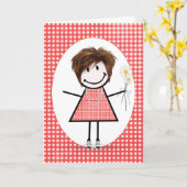 Birthday Strichmännchen Girl on Red Gingham Karte (Gelbe Blume)