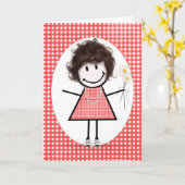 Birthday Strichmännchen Girl on Red Gingham Karte (Gelbe Blume)