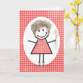 Birthday Strichmännchen Girl on Red Gingham Karte (Gelbe Blume)