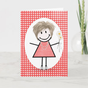 Birthday Strichmännchen Girl on Red Gingham Karte