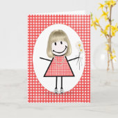 Birthday Strichmännchen Girl on Red Gingham Karte (Gelbe Blume)