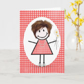 Birthday Strichmännchen Girl on Red Gingham Karte (Gelbe Blume)