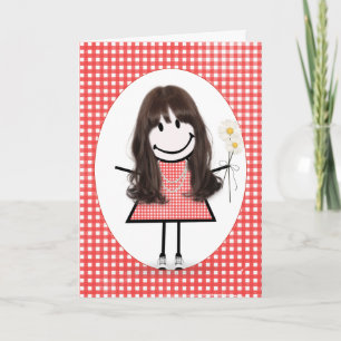 Birthday Strichmännchen Girl on Red Gingham Karte