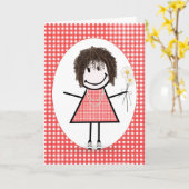 Birthday Strichmännchen Girl on Red Gingham Karte (Gelbe Blume)