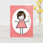 Birthday Strichmännchen Girl on Red Gingham Karte (Gelbe Blume)