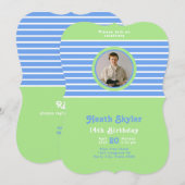 Birthday Stripes Blue ⎮ White Green Einladung (Vorne/Hinten)