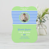 Birthday Stripes Blue ⎮ White Green Einladung (Stehend Vorderseite)
